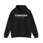 Black hoodie with white "CANADA EST. 1867" text and a maple leaf.