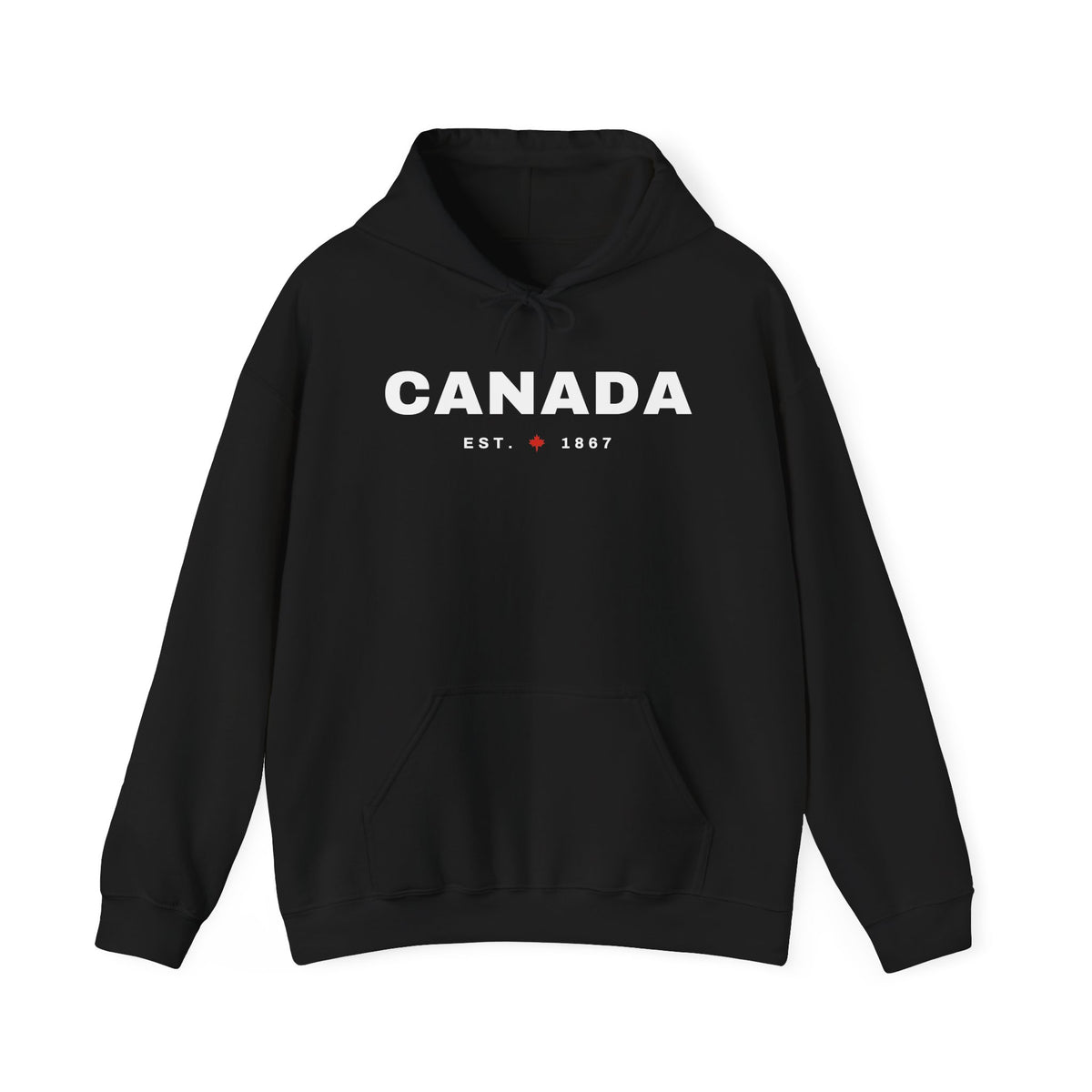 Black hoodie with white "CANADA EST. 1867" text and a maple leaf.
