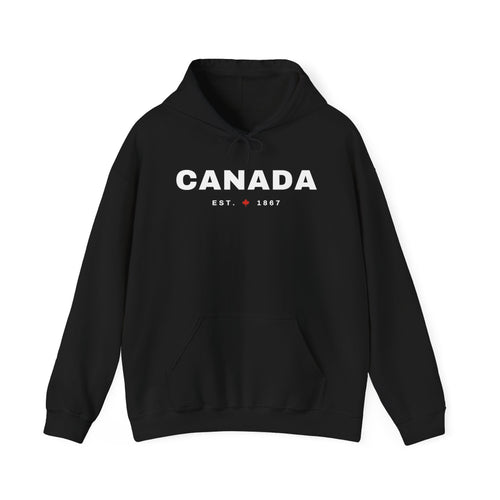Black hoodie with white "CANADA EST. 1867" text and a maple leaf.