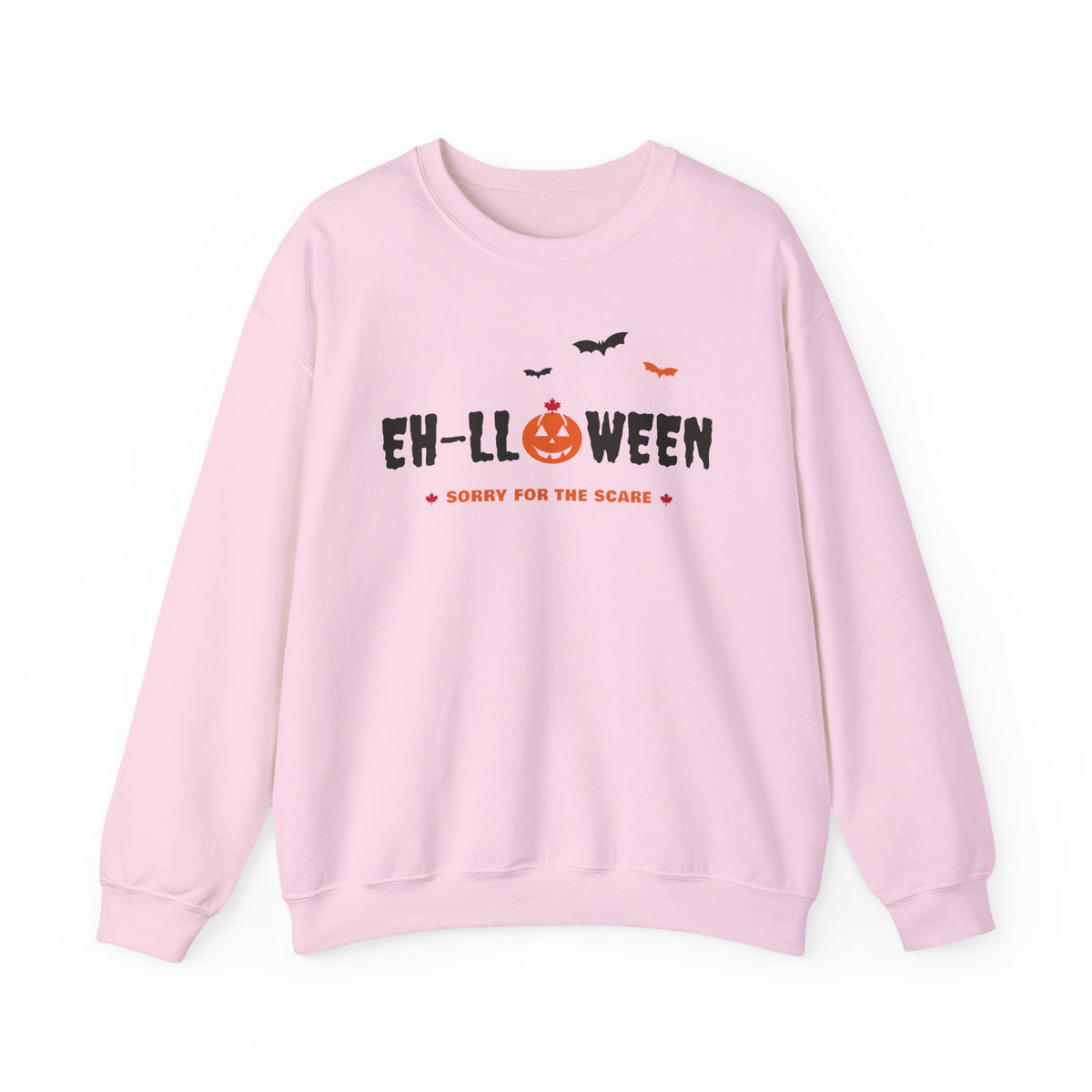Pink sweatshirt with "EH-LLOWEEN" graphic, pumpkin, maple leaf, and bats.