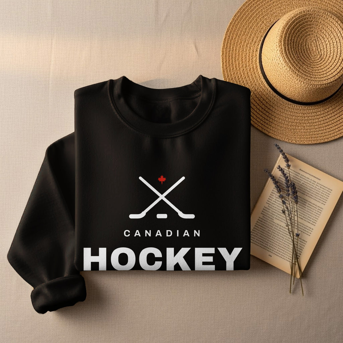 Black sweatshirt with "CANADIAN HOCKEY" and crossed hockey sticks with a maple leaf.