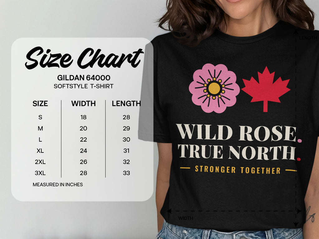 Gildan 64000 Softstyle t-shirt size chart with "Wild Rose. True North." graphic.