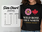 Gildan 64000 Softstyle t-shirt size chart with "Wild Rose. True North." graphic.