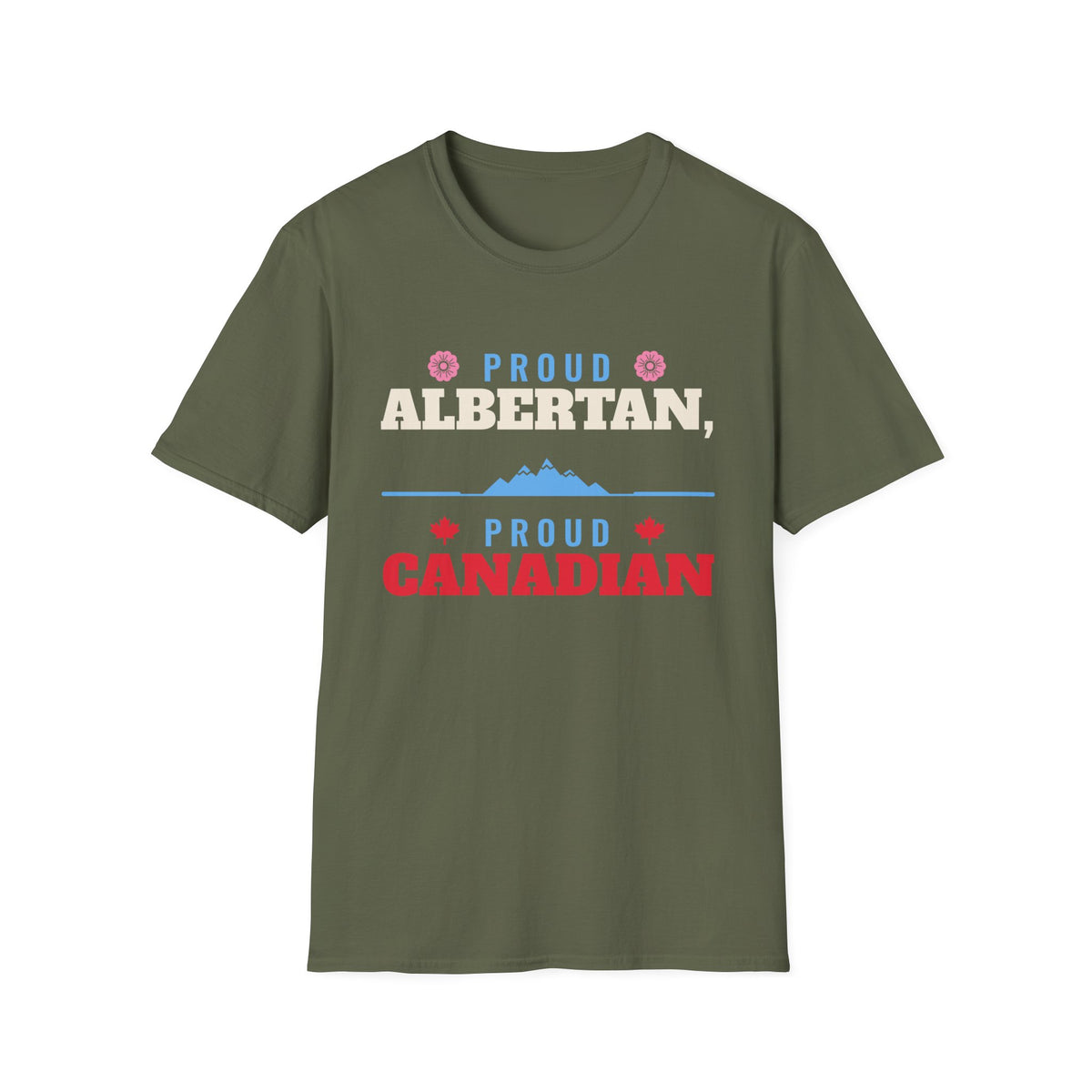 Green t-shirt with text "Proud Albertan, Proud Canadian" and floral and mountain graphics.