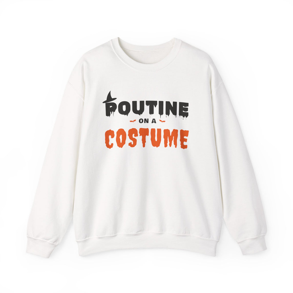 White sweatshirt with "POUTINE ON A COSTUME" text in black and orange.
