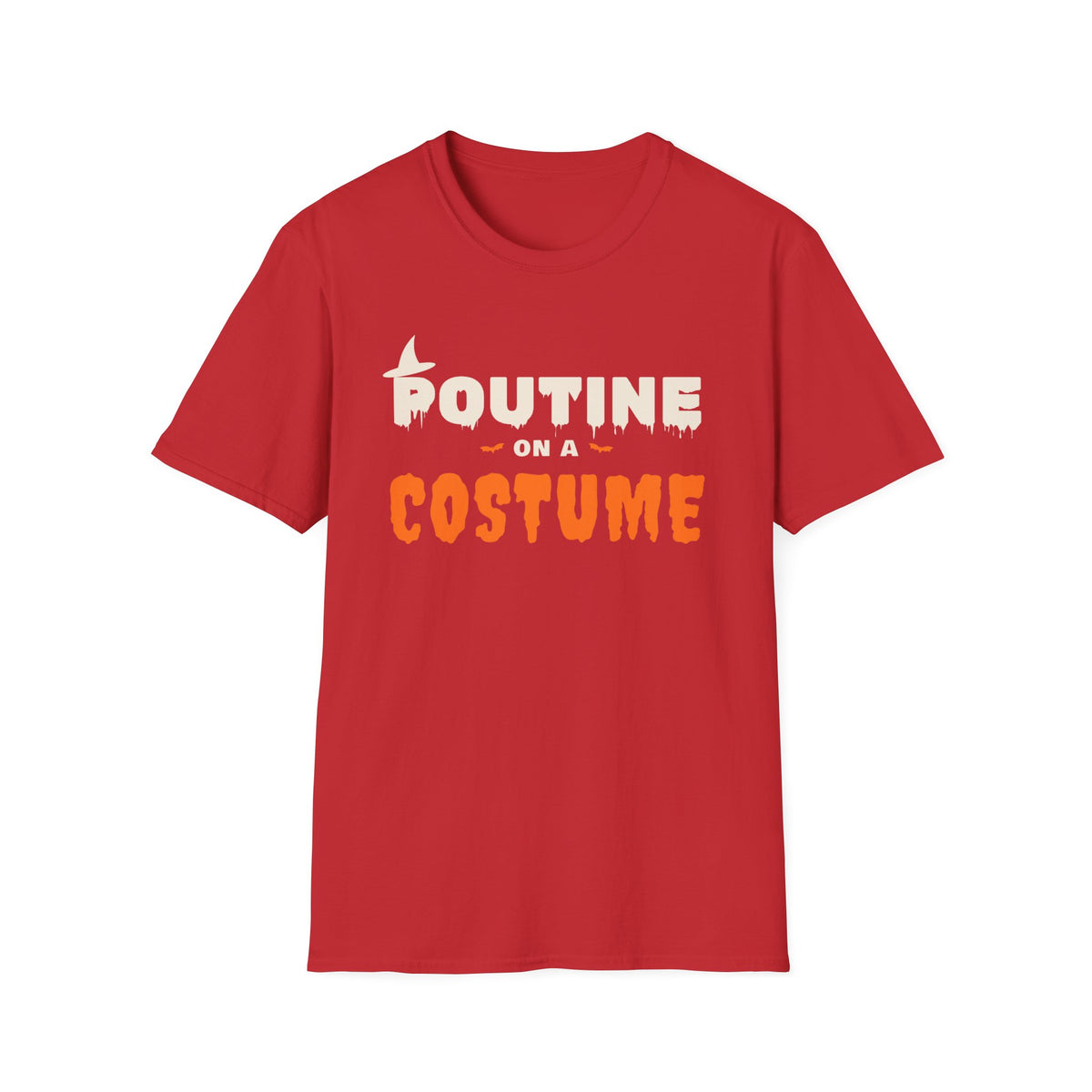 Red t-shirt with "POUTINE ON A COSTUME" Halloween graphic.