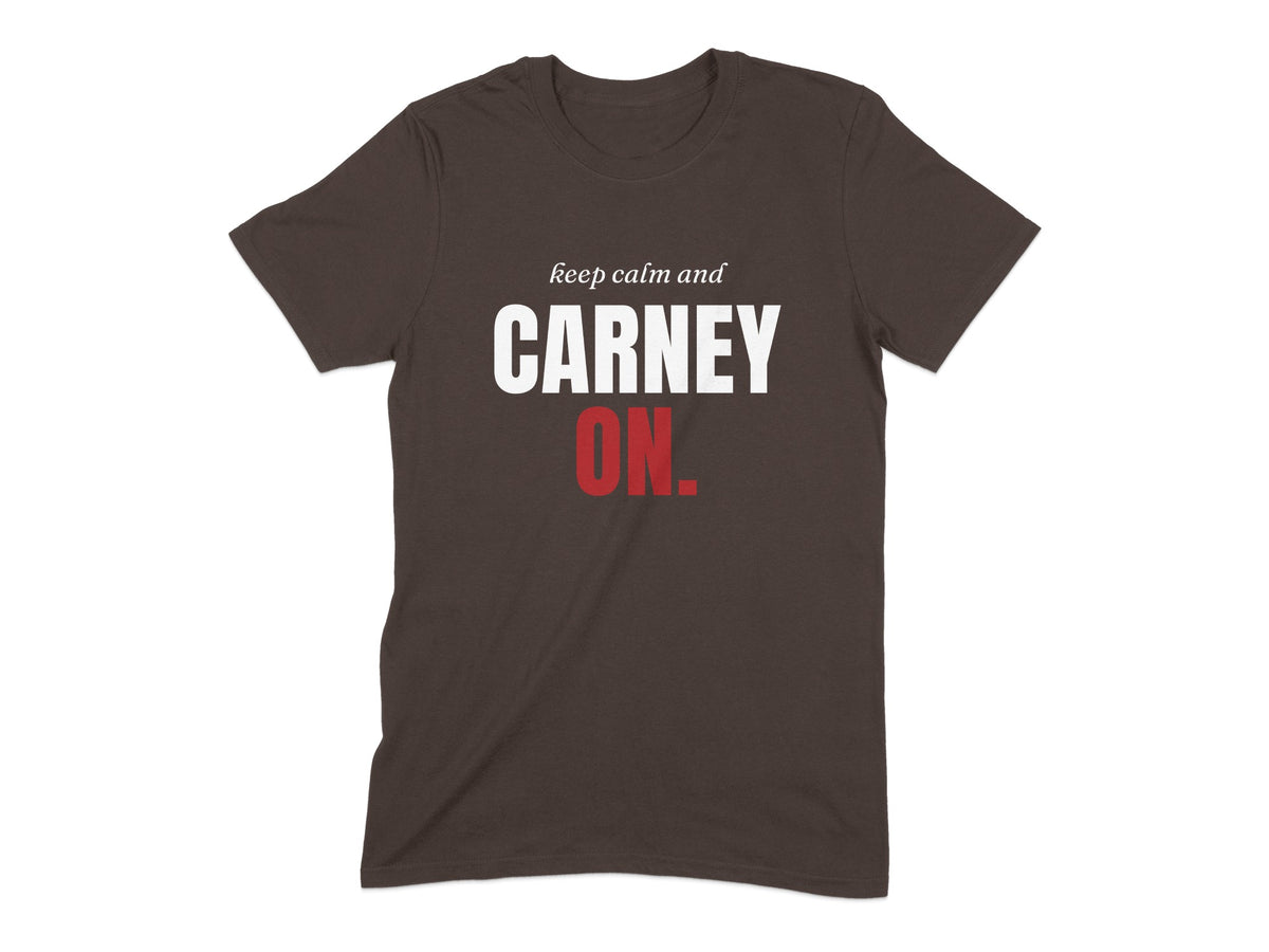 Brown t-shirt with "keep calm and CARNEY ON" text.