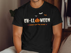 Black t-shirt with "EH-LLOWEEN SORRY FOR THE SCARE" text and pumpkin.
