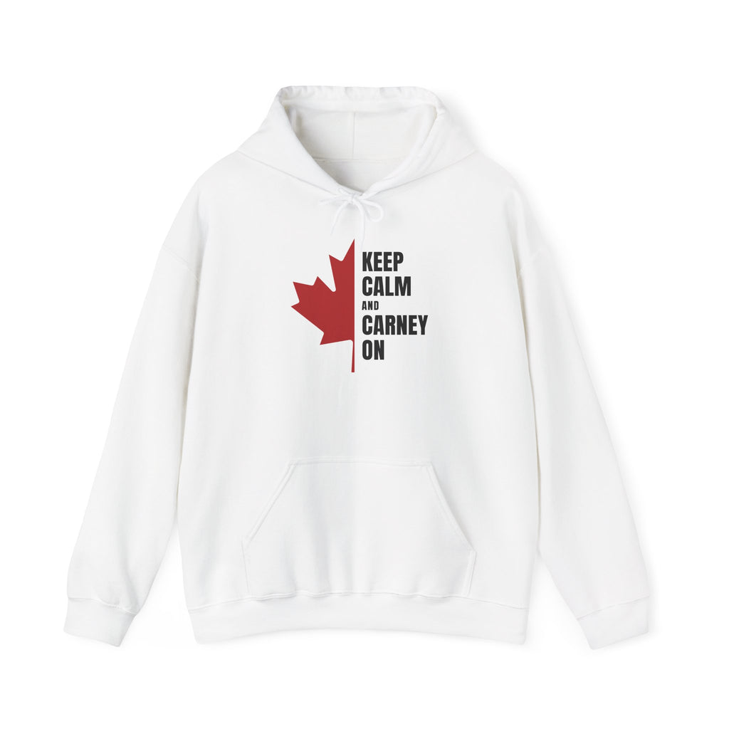 White hoodie with a red maple leaf and text "Keep Calm and Carney On".