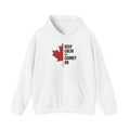 White hoodie with a red maple leaf and text "Keep Calm and Carney On".