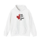 White hoodie with a red maple leaf and text "Keep Calm and Carney On".