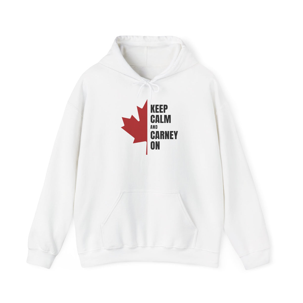 White hoodie with a red maple leaf and text "Keep Calm and Carney On".