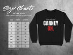 Gildan 18000 size chart for heavy blend crewneck sweatshirt with "keep calm and CARNEY ON" graphic.