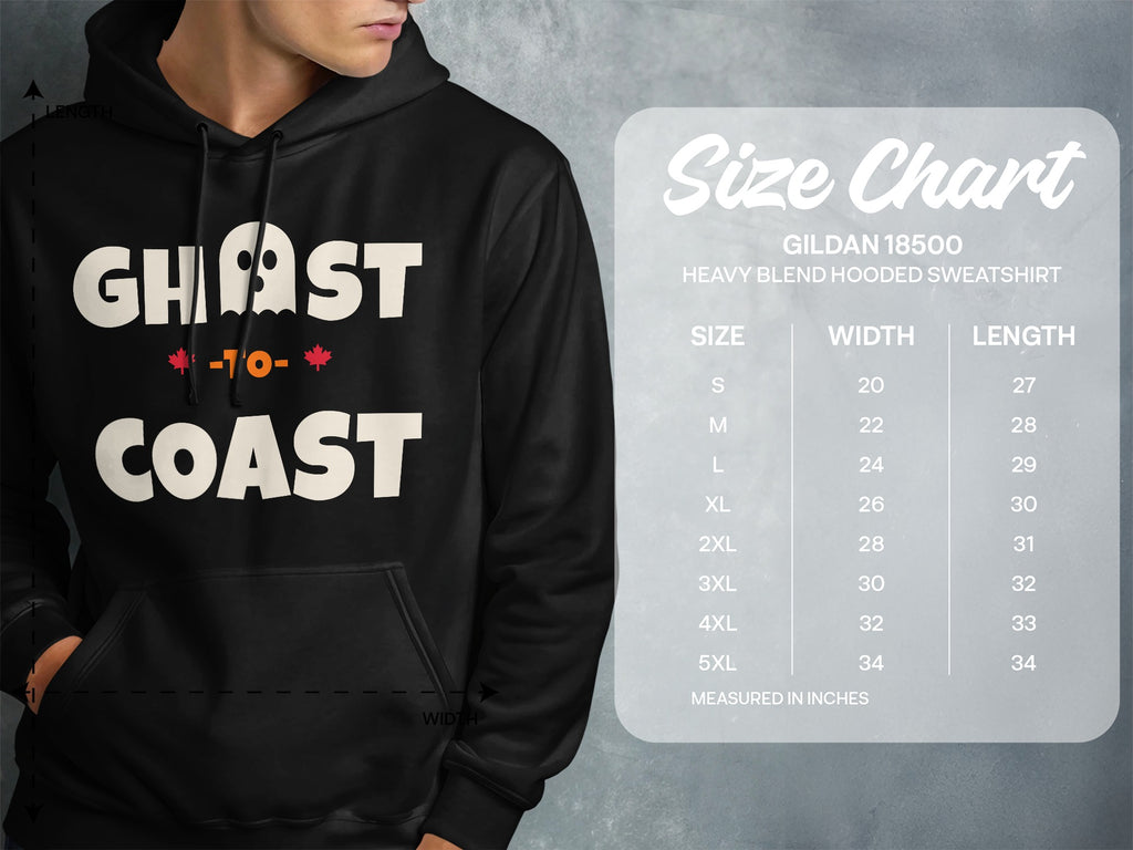 Black hoodie with "Ghost-to-Coast" text and a Gildan 18500 size chart.