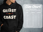 Black hoodie with "Ghost-to-Coast" text and a Gildan 18500 size chart.
