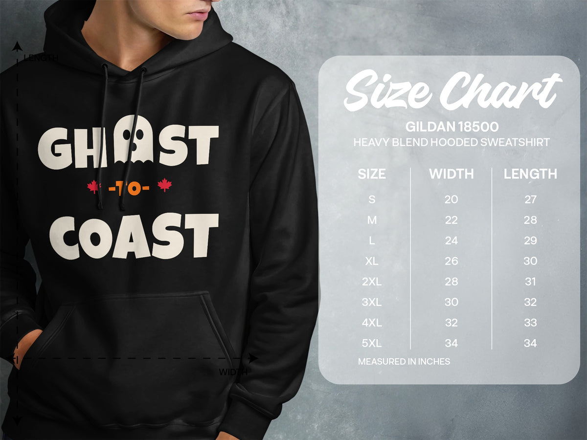Black hoodie with "Ghost-to-Coast" text and a Gildan 18500 size chart.