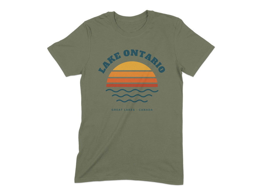 Olive green t-shirt with "Lake Ontario Great Lakes Canada" text and sunset graphic.