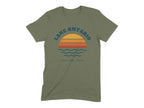 Olive green t-shirt with "Lake Ontario Great Lakes Canada" text and sunset graphic.