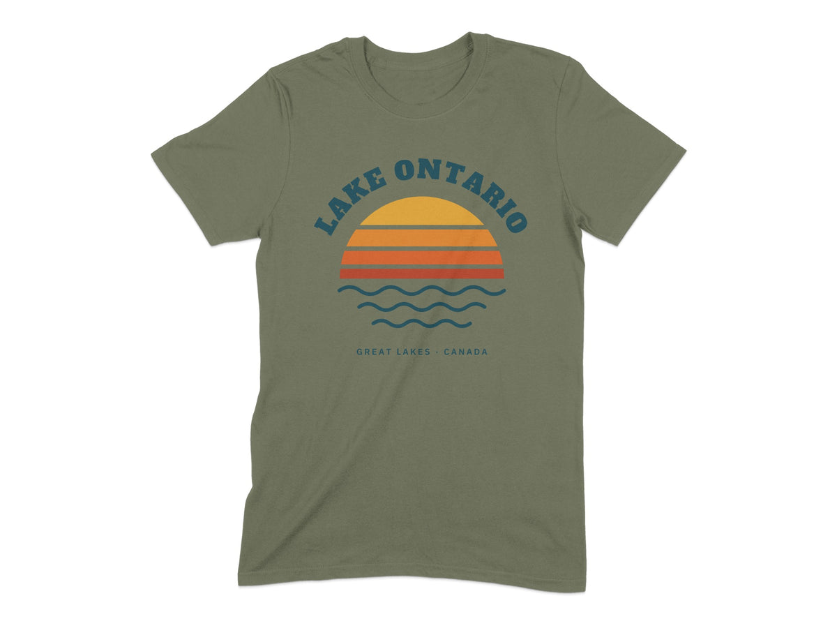Olive green t-shirt with "Lake Ontario Great Lakes Canada" text and sunset graphic.