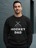 Black sweatshirt with "Canadian Hockey Dad" and hockey sticks graphic.