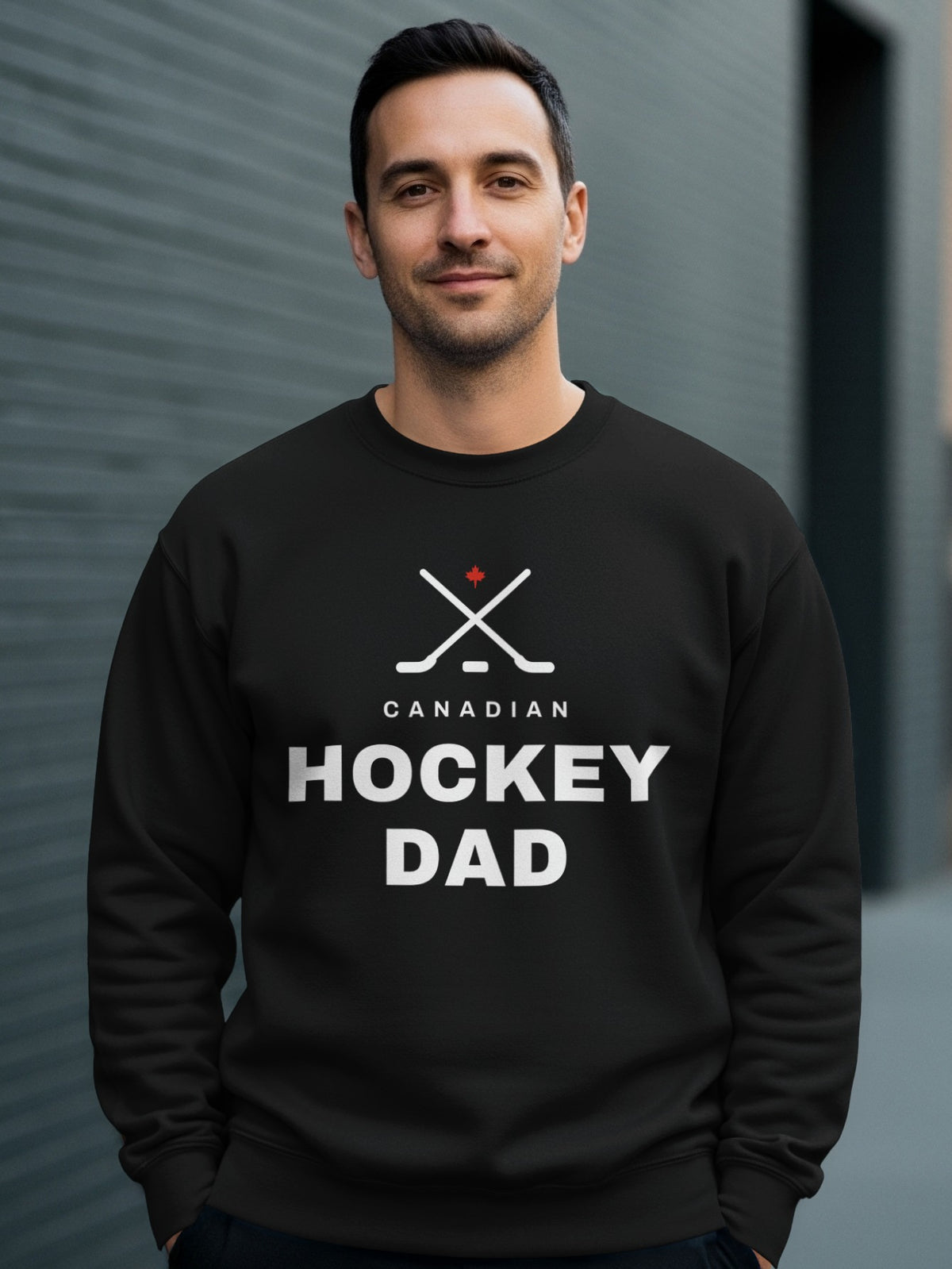 Black sweatshirt with "Canadian Hockey Dad" and hockey sticks graphic.