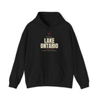 Black hoodie with "Still Lake Ontario On Maps Since The 1600s" text.