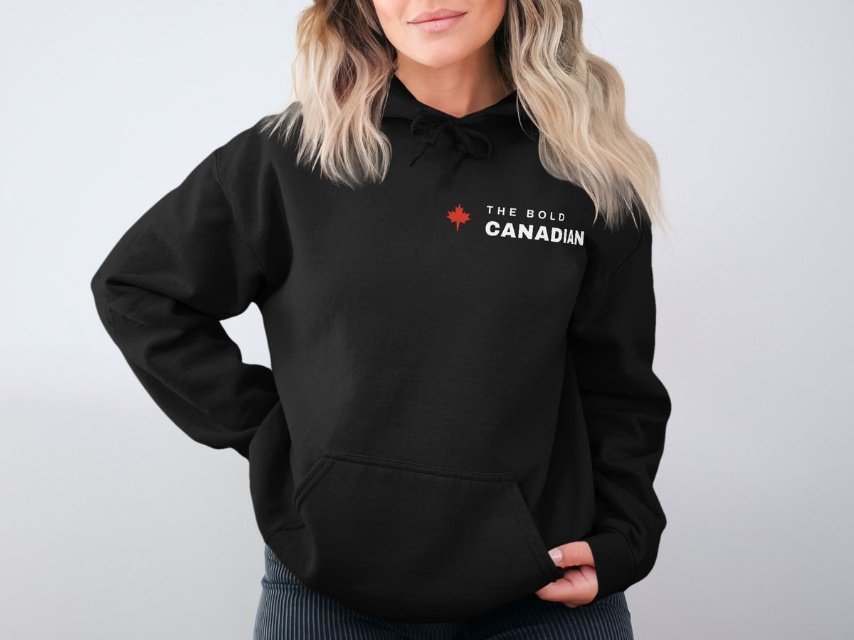 Black hoodie with red maple leaf and white text reading "THE BOLD CANADIAN".