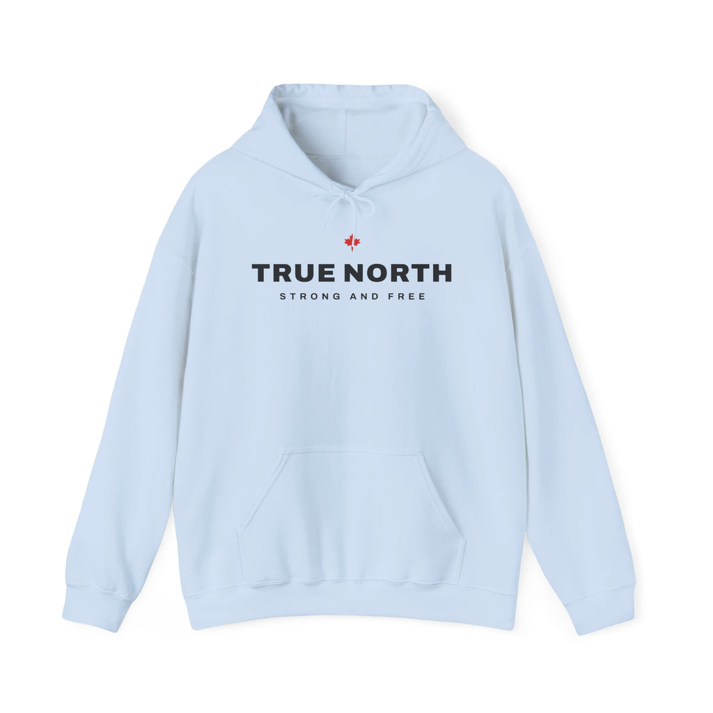 Light blue hoodie with "TRUE NORTH STRONG AND FREE" text and Canadian maple leaf.