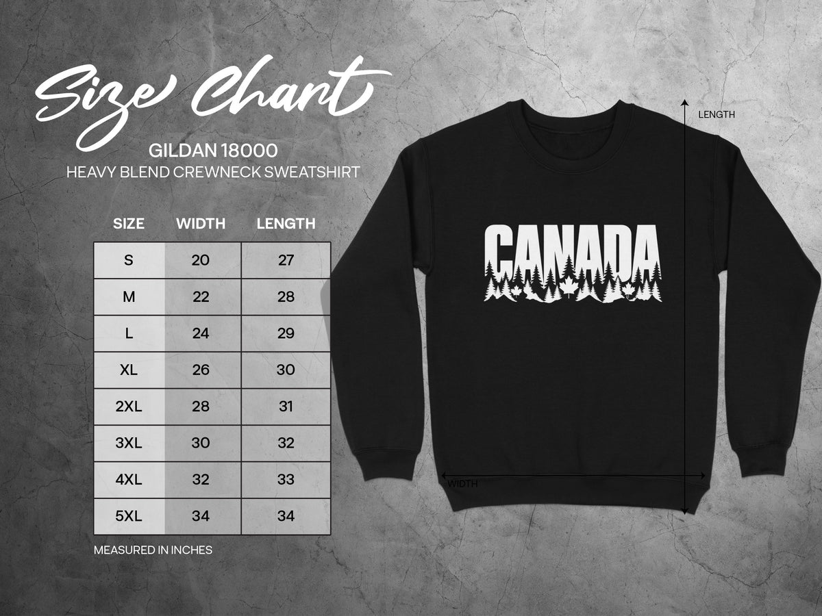 Gildan 18000 size chart for heavy blend crewneck sweatshirts in inches.