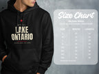 Black Gildan 18500 hoodie with "Still Lake Ontario" graphic and size chart.