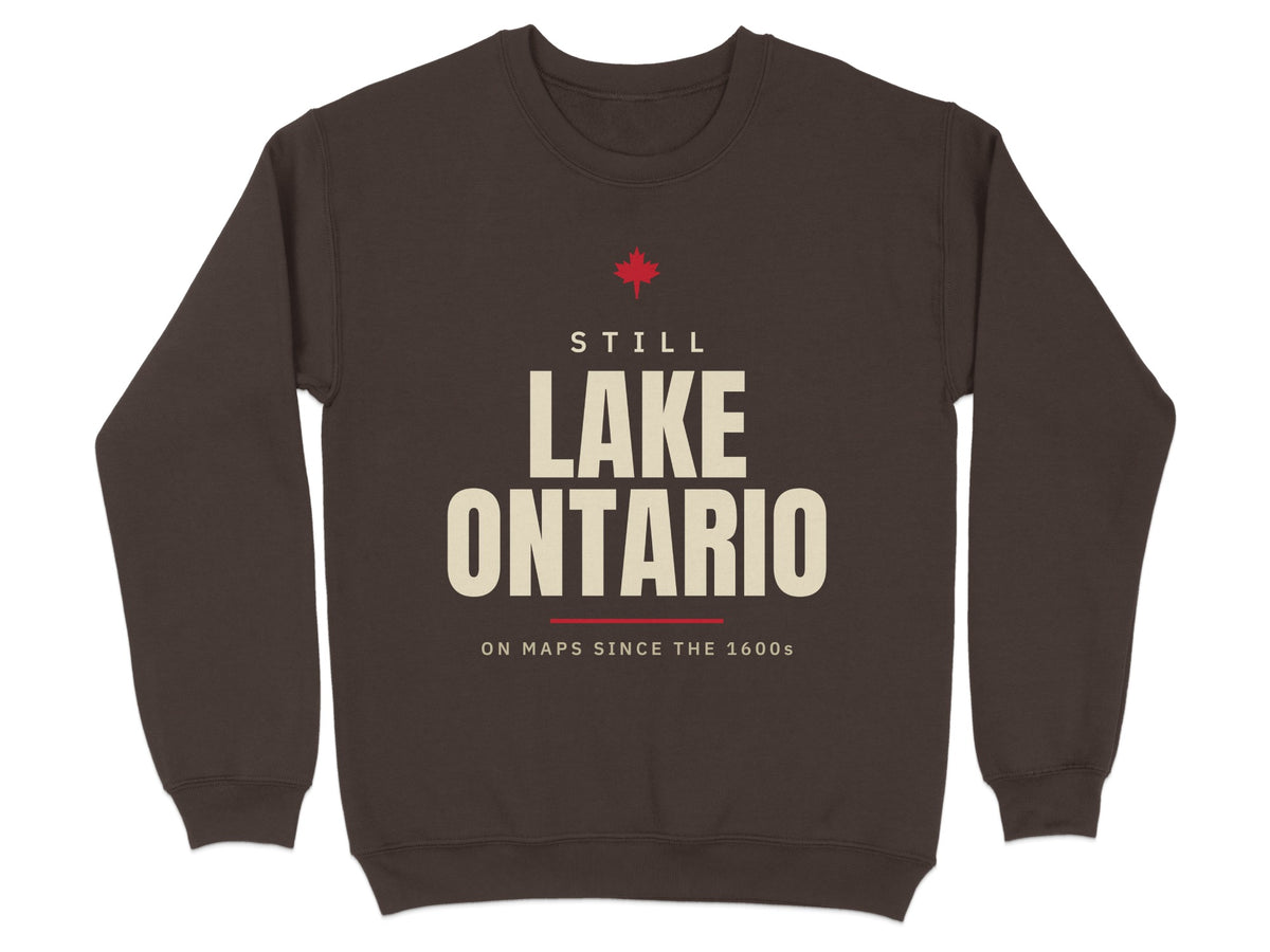 Brown sweatshirt with text "STILL LAKE ONTARIO ON MAPS SINCE THE 1600s" and a red maple leaf.