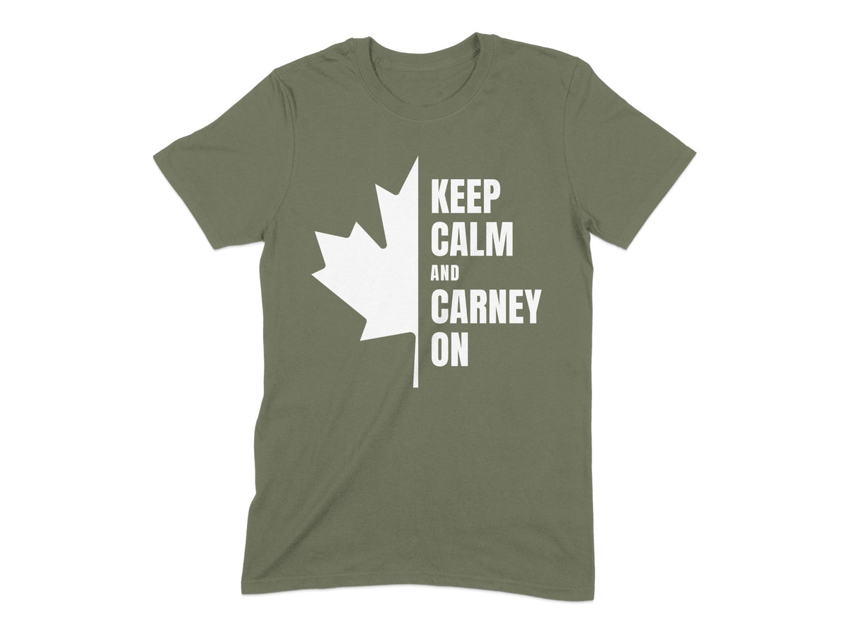 Green t-shirt with white maple leaf and "Keep Calm and Carney On" text.