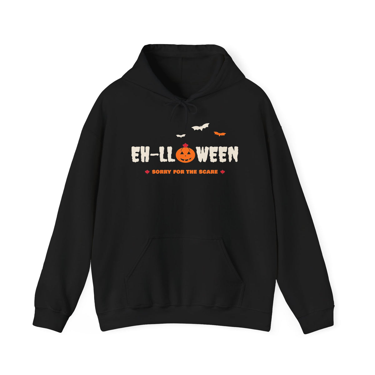 Black hoodie with "EH-LLOWEEN SORRY FOR THE SCARE" text and pumpkin graphic.