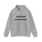 Grey hoodie with "PROUD TO BE CANADIAN" and a red maple leaf graphic.