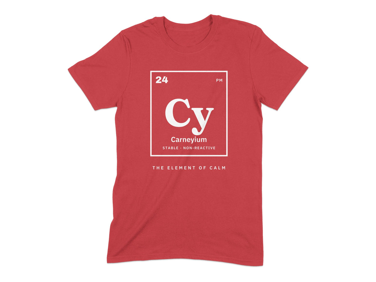 Red t-shirt with periodic table element "Carneyium Cy" and "The Element of Calm".