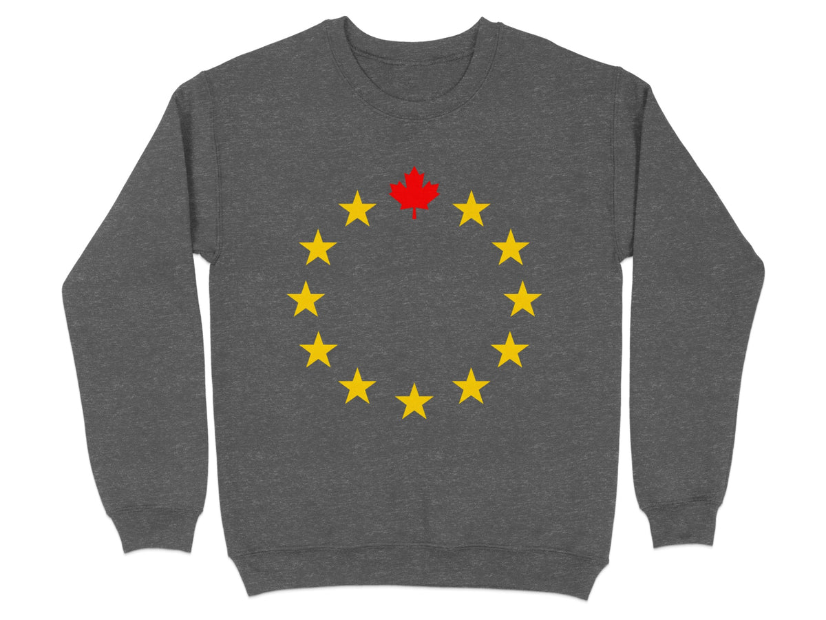 Grey sweatshirt with a circle of yellow stars and a red maple leaf at the top.