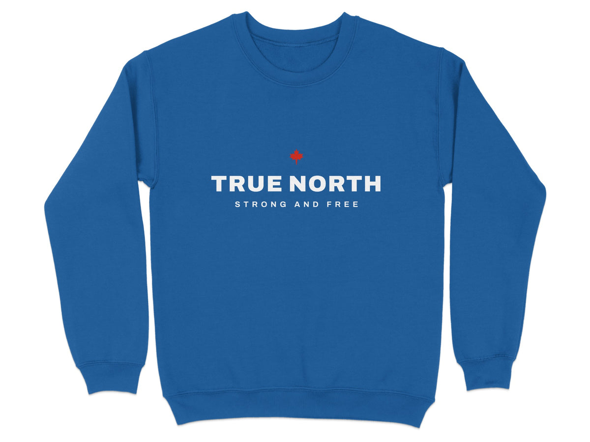 Blue sweatshirt with white text "TRUE NORTH" and "STRONG AND FREE".