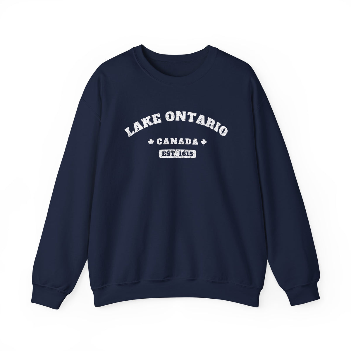 Navy blue sweatshirt with white "Lake Ontario Canada Est. 1615" graphic.