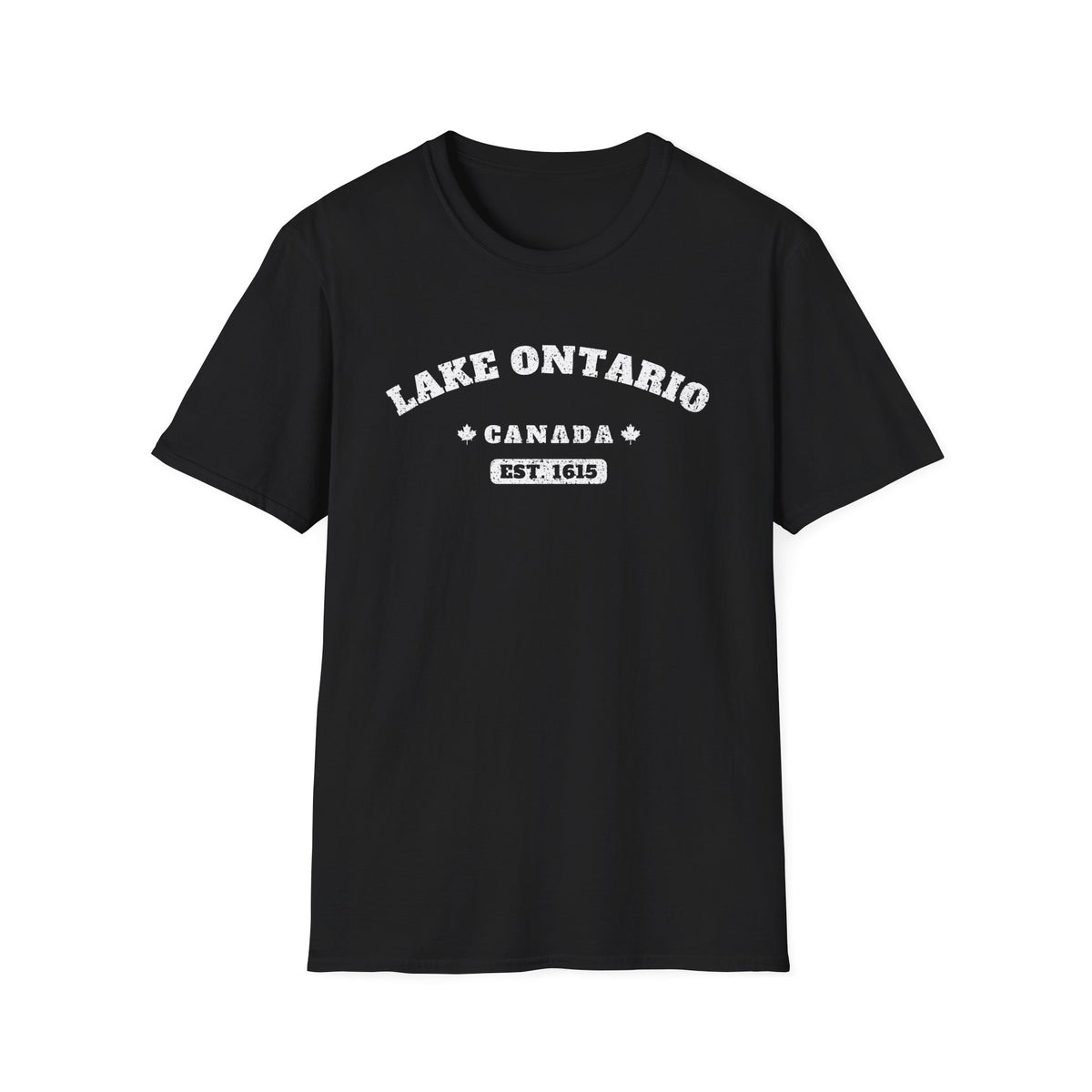 Black t-shirt with "Lake Ontario Canada Est. 1615" distressed text.