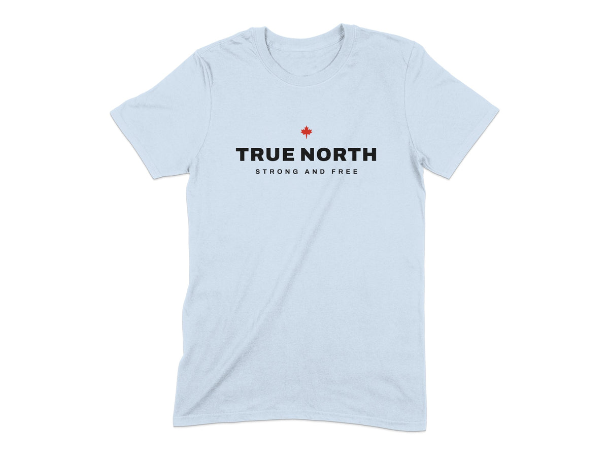 Light blue t-shirt with "TRUE NORTH STRONG AND FREE" text and a red maple leaf.