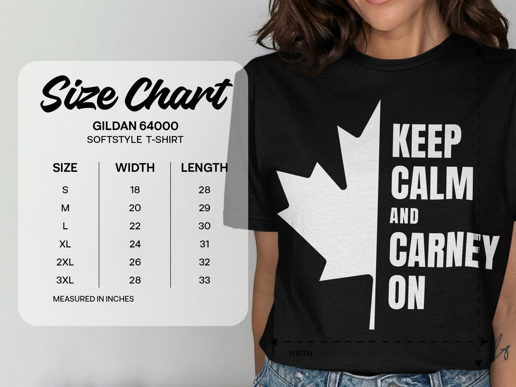 Size chart for Gildan 64000 softstyle t-shirt with measurements in inches.