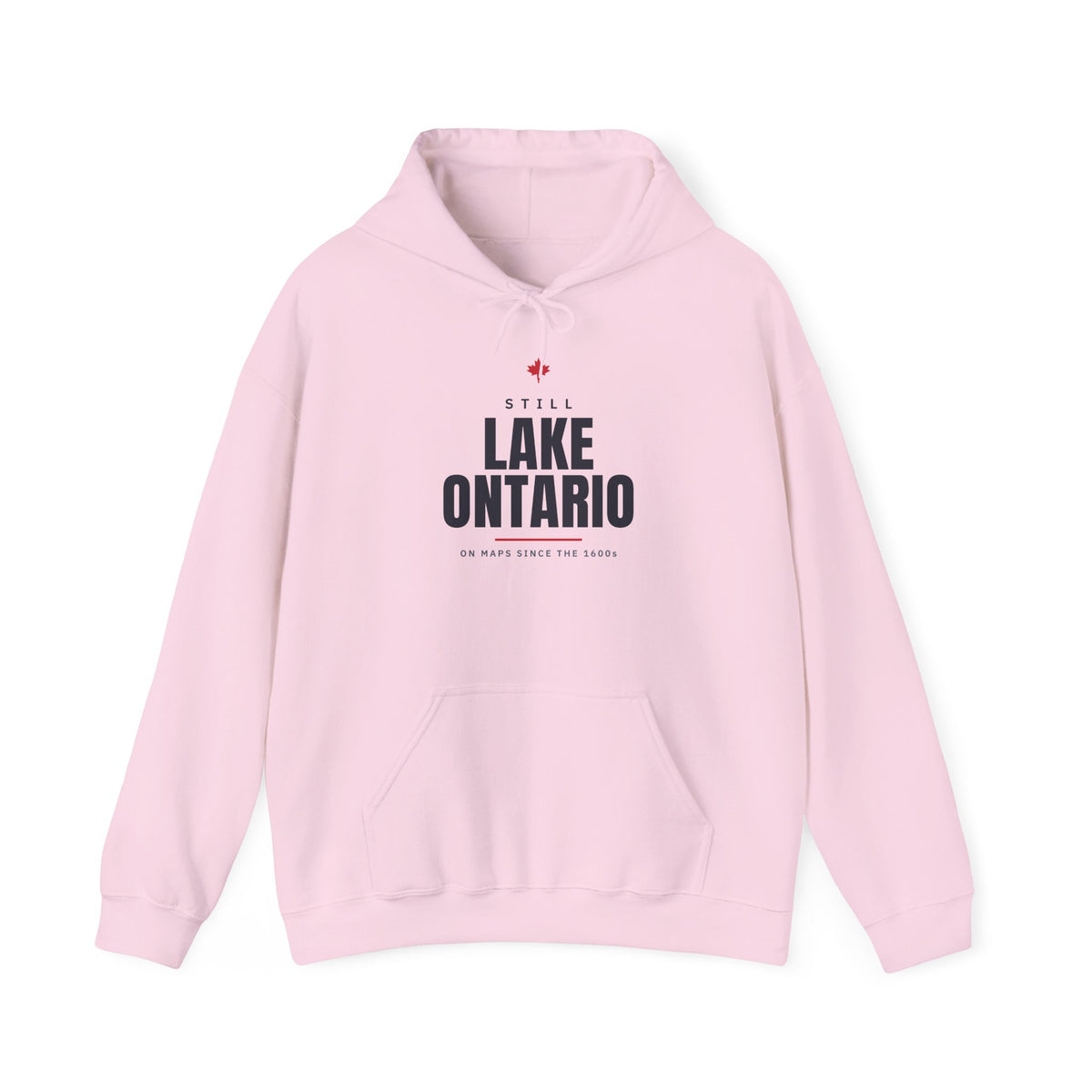 Pink hoodie with text "STILL LAKE ONTARIO ON MAPS SINCE THE 1600s".