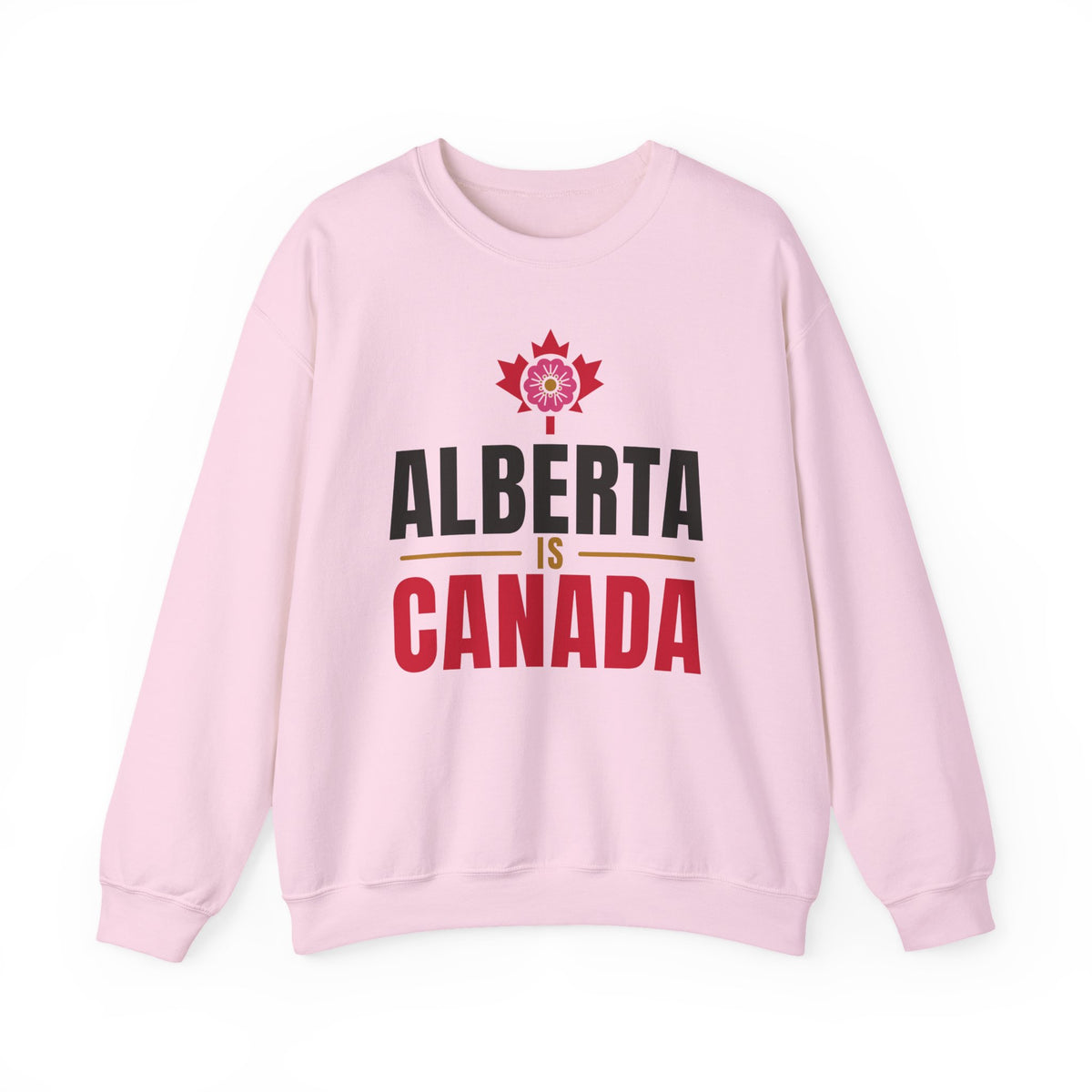 Pink sweatshirt with "Alberta is Canada" text and Canadian maple leaf graphic.