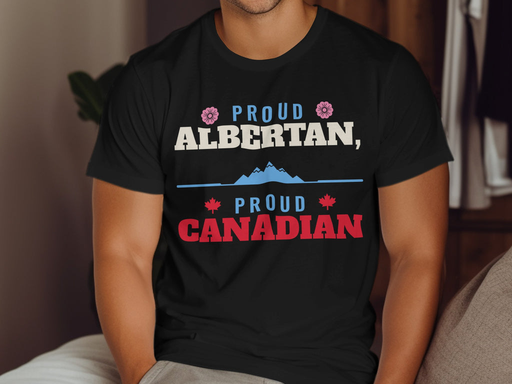 Black t-shirt with "Proud Albertan, Proud Canadian" text and mountain graphic.