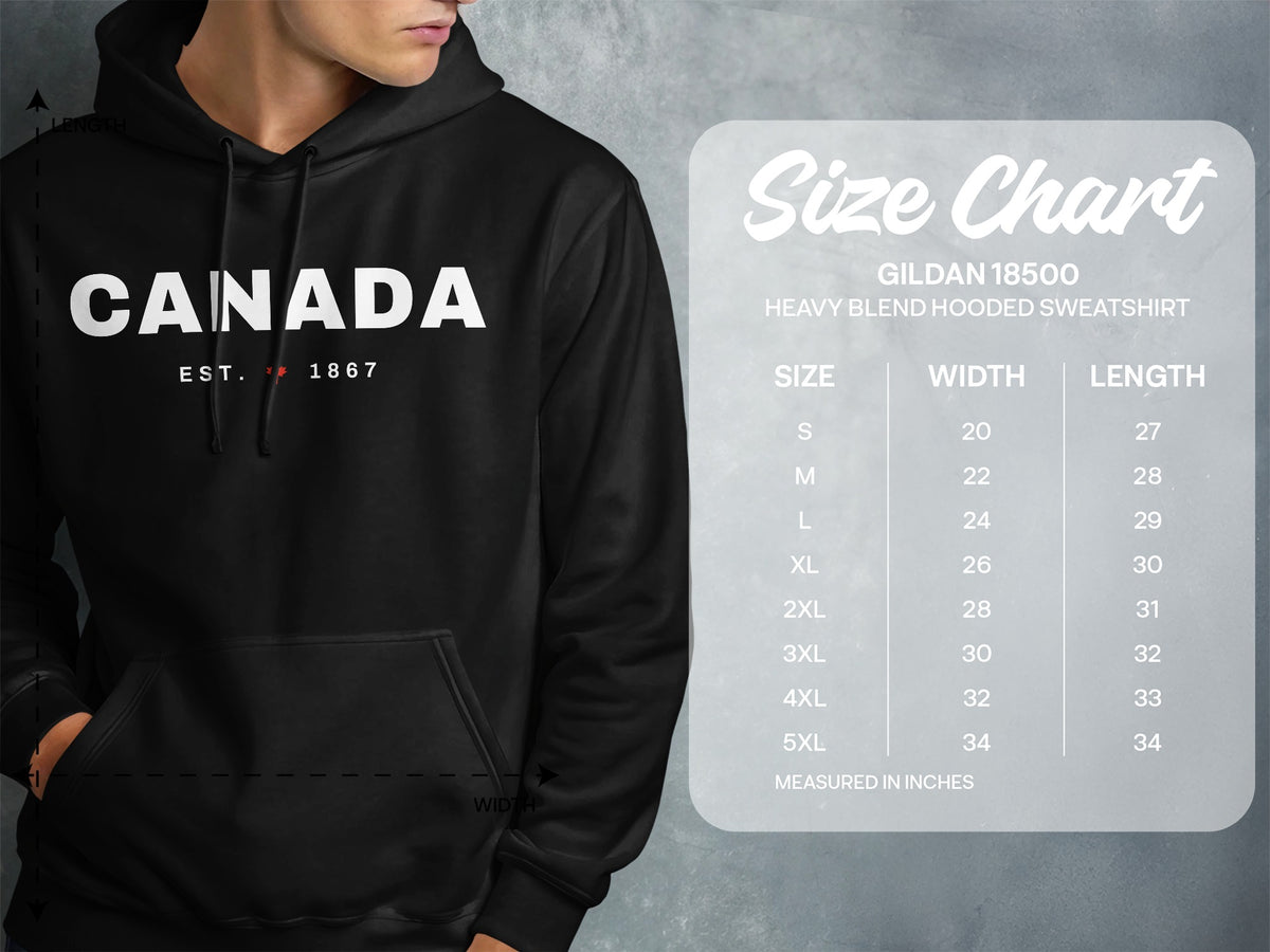 Black Gildan 18500 hooded sweatshirt size chart for Canada EST. 1867.