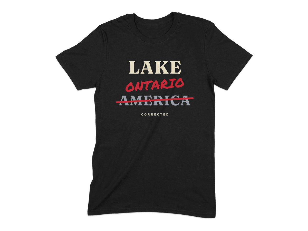 Black t-shirt with "LAKE ONTARIO AMERICA CORRECTED" text.