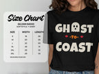 Gildan 64000 softstyle t-shirt size chart with ghost to coast graphic.