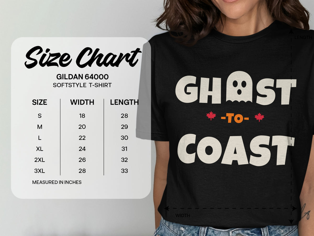 Gildan 64000 softstyle t-shirt size chart with ghost to coast graphic.