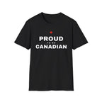 Black t-shirt with "PROUD TO BE CANADIAN" and a red maple leaf.