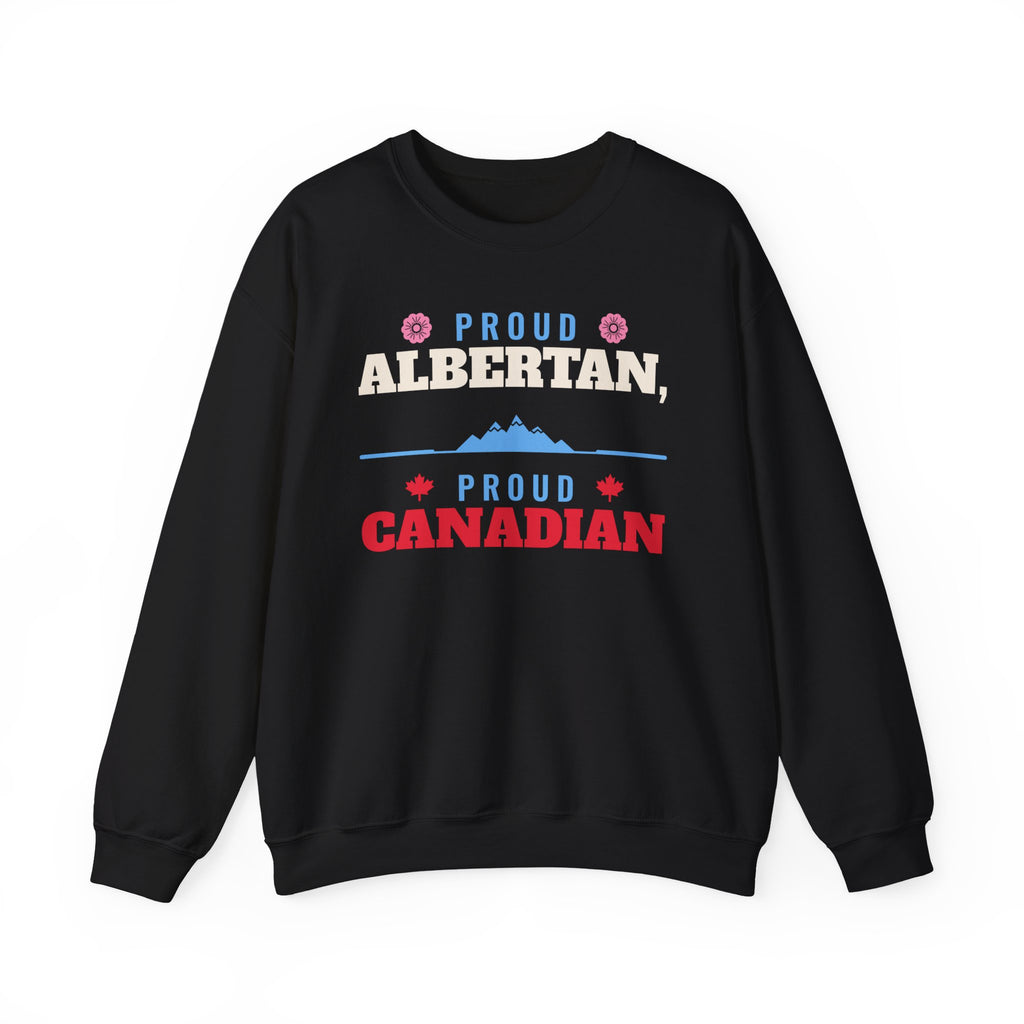 Black sweatshirt with "Proud Albertan" and "Proud Canadian" text.